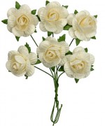 Handmade mulberry Jubilee roses, dia ~2,5cm, stem 6cm, 6 pcs, WHITE Handmade mulberry Jubilee roses, dia ~2,5cm, stem 6cm, 6 pcs, WHITE