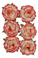 Handmade mulberry Jubilee roses, dia ~3cm, stem 6cm, 6 pcs, WHITE-RED Handmade mulberry Jubilee roses, dia ~3cm, stem 6cm, 6 pcs, WHITE-RED